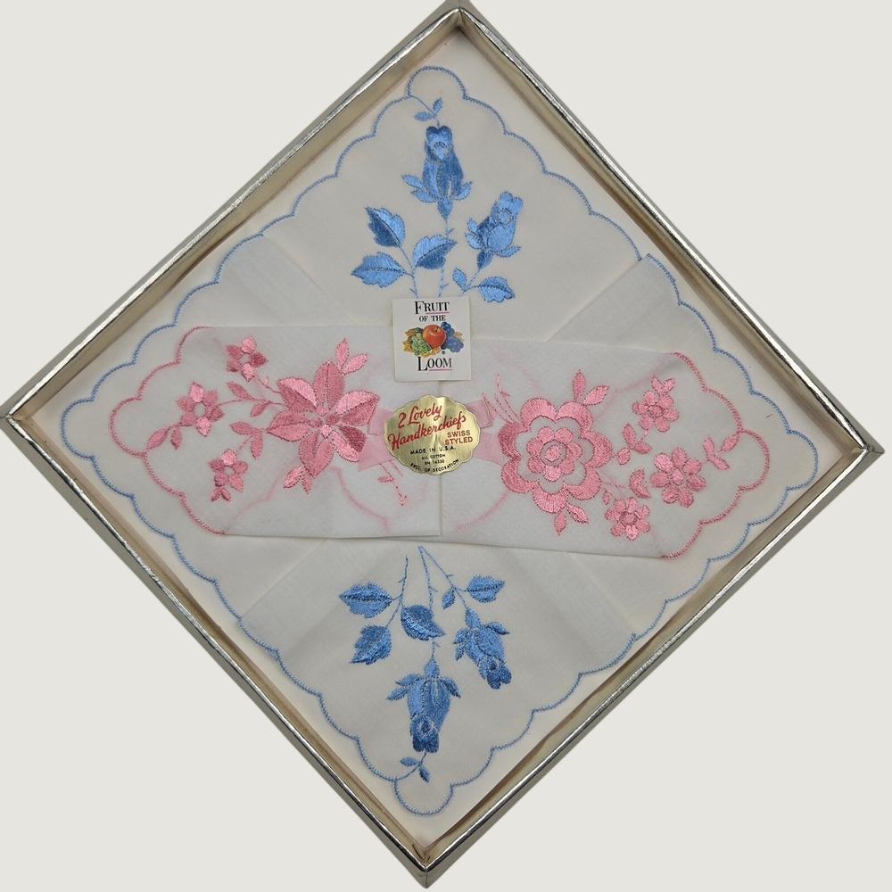 Vintage NOS Fruit of the Loom Embroidered Handkerchiefs Pink Blue Cotton